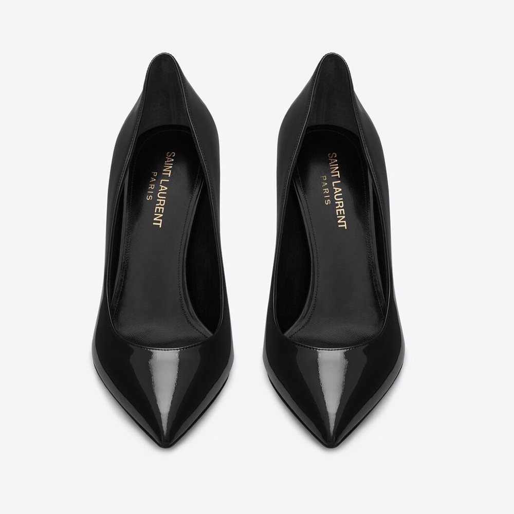 Saint Laurent Opyum Pumps in Black Patent Leather Logo Heel Pointed Toe NWT 37 - Picture 9 of 13